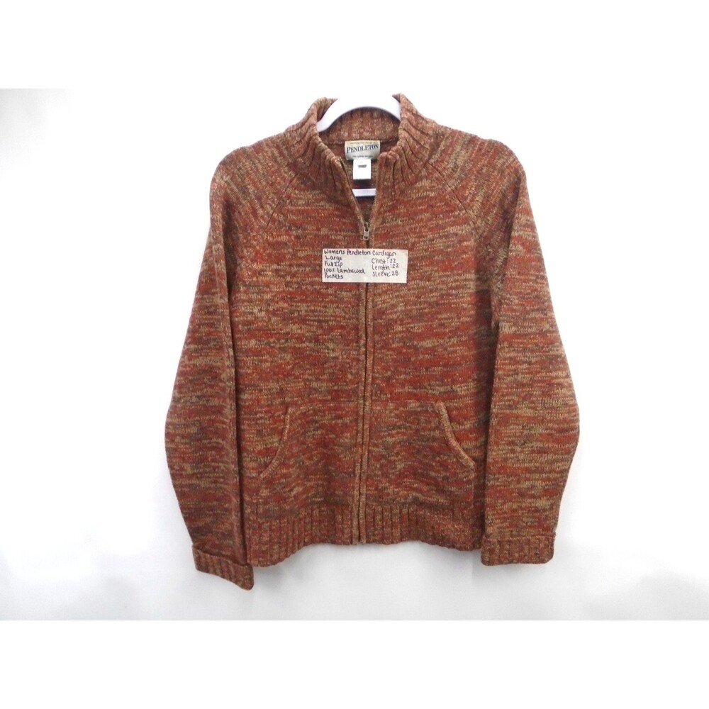 Pendleton Womens Cardigan Sweater Large Full Zip 100% Lambswool Pockets Red Tan